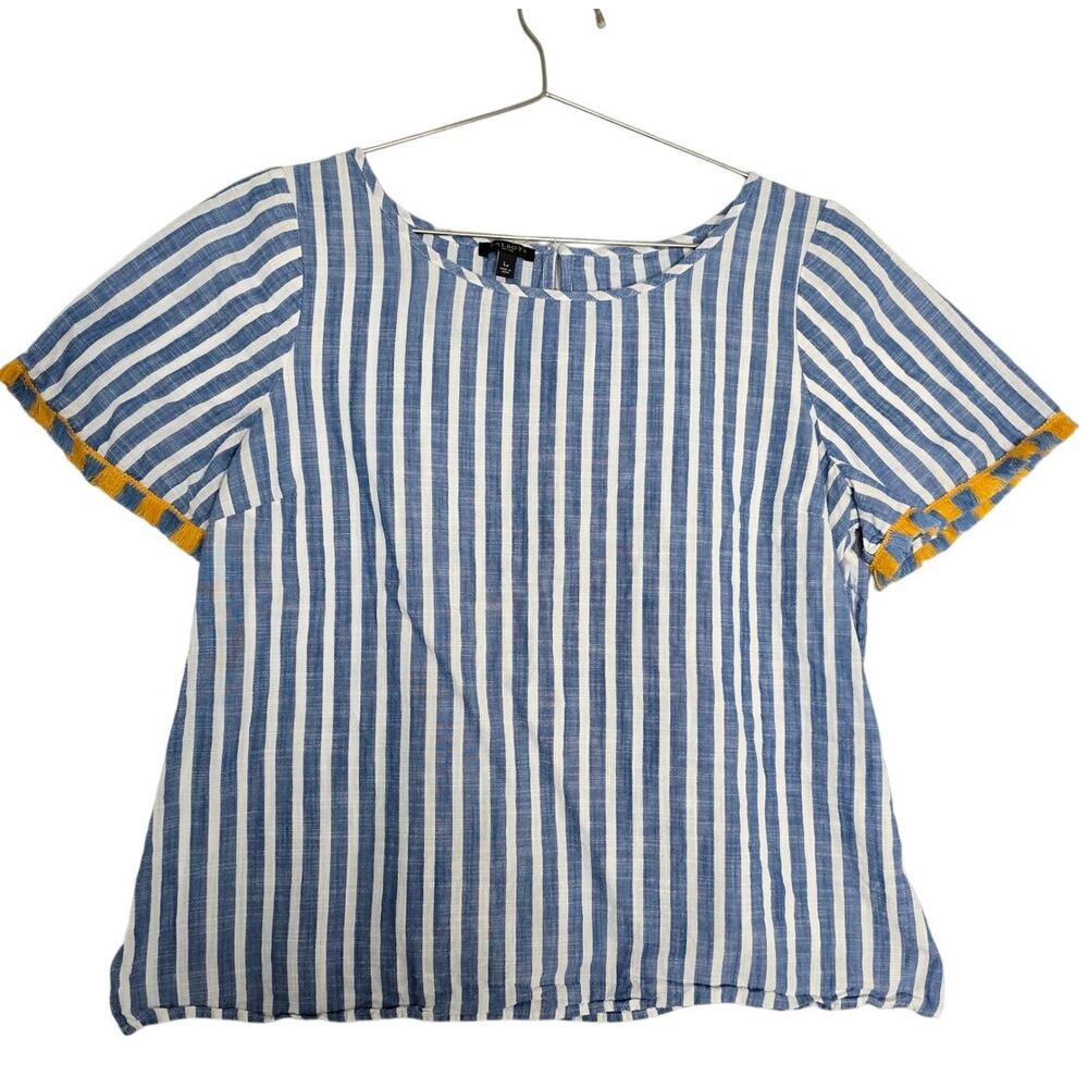 Talbots Womens Large Petite Striped Top Yellow Fringe Zip Coastal Boho Blouse
